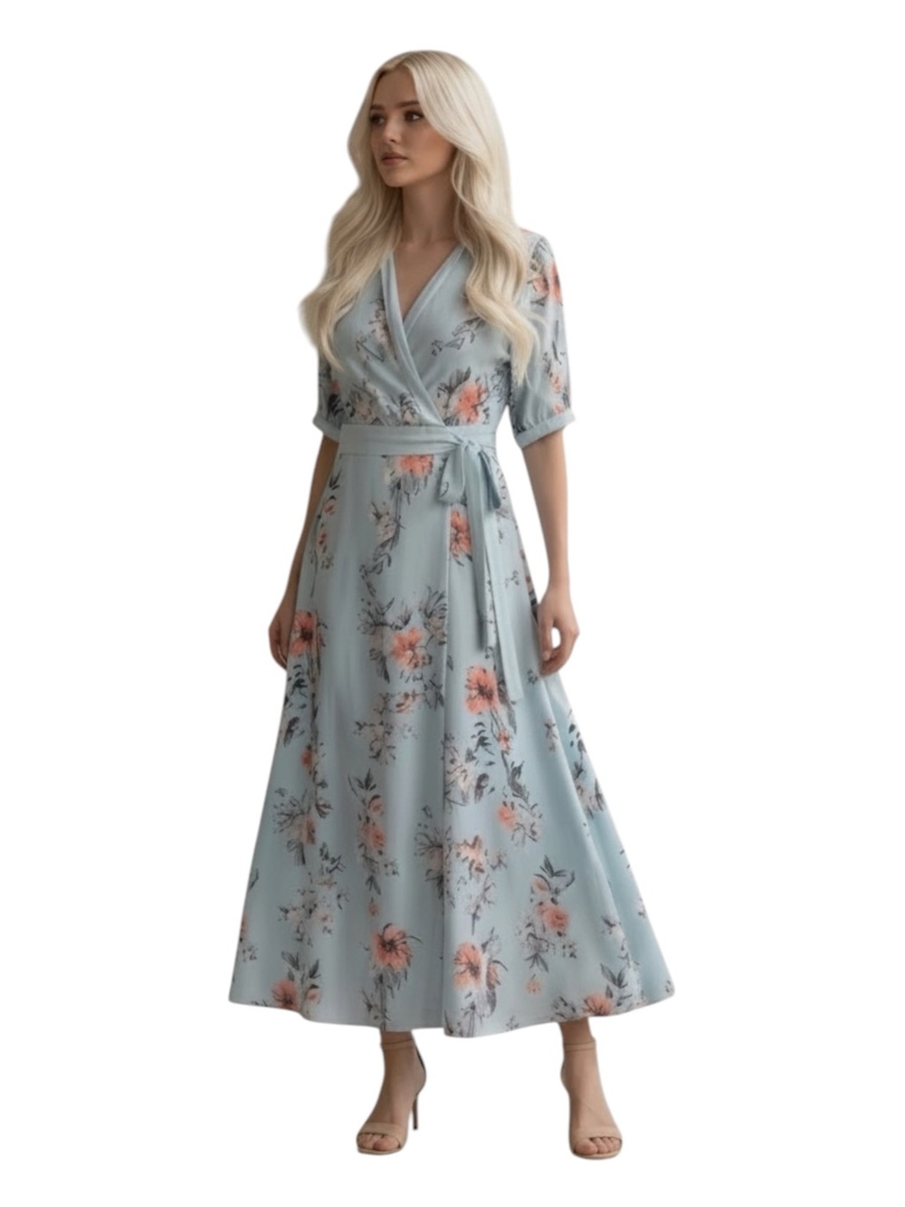 Made with Love Soft Blue Pink/Peach Floral Romantic Coquette Collared Maxi M